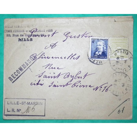 N°619 + 623 MIXTE CHAPPE ARC DE TRIOMPHE RECOMMANDE LILLE NORD POUR ST AYBERT 1944 LETTRE COVER FRANCE