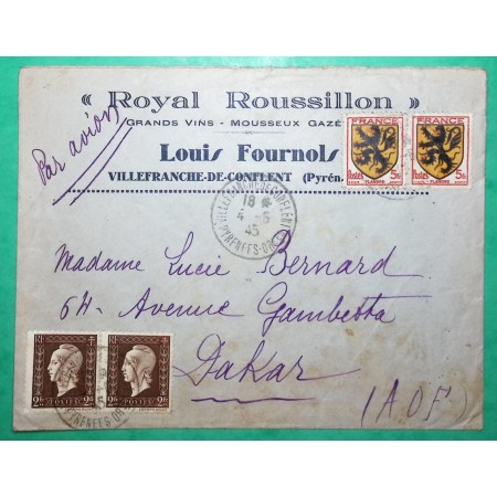 N°602 + 692 ARMOIRIES DULAC LETTRE PAR AVION VILLEFRANCHE DE CONFLENT PYRENEES ORIENTALES POUR DAKAR SENEGAL AOF 1945