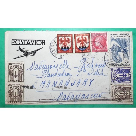 N°670 x3 + 673 + 676 + 758 x2 + 762 MIXTE CHAINES MAZELIN ARMOIRIES LETTRE PAR AVION POUR MANANJARY MADAGASCAR 1946
