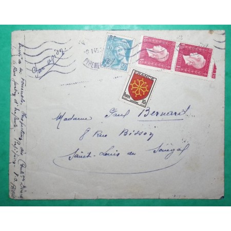 N°603 + 660 + 691 x2 MIXTE ARMOIRIES MERCURE DULAC LETTRE PAR AVION PERPIGNAN POUR ST LOUIS DU SENEGAL 1945 COVER FRANCE