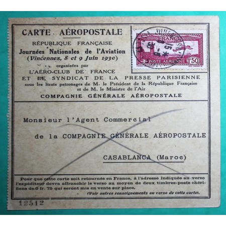 YT N°5 POSTE AERIENNE CARTE AEROPOSTALE PARIS POUR CASABLANCA MAROC 1930 LETTRE COVER FRANCE