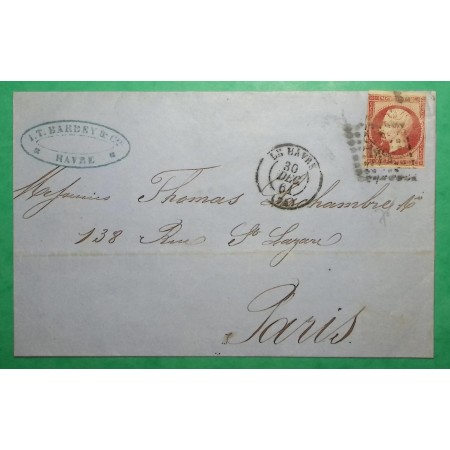 N°17B PC 1495 LE HAVRE SEINE INFERIEURE POUR PARIS 1861 LETTRE COVER FRANCE