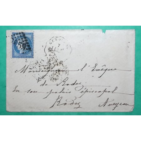 N°60A VARIETE MEDAILLON CONVOYEUR STATION GENHOLAC LIGNE LANGEAC A NIMES LAN.NI POUR RODEZ AVEYRON 1873 COVER FRANCE