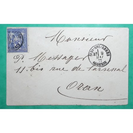 N°78 SAGE CAD TYPE 16 SIDI BEL ABBES ALGERIE POUR ORAN 1877 LETTRE COVER FRANCE