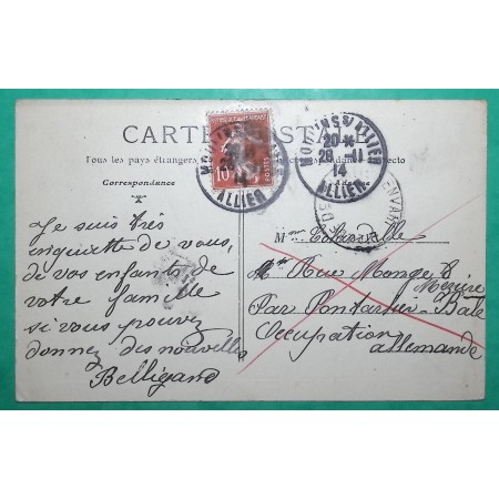 N°138 SEMEUSE CARTE POSTALE MOULINS ALLIER POUR MEZIERES ARDENNES OCCUPATION ALLEMANDE 1914 WW1 LETTRE COVER FRANCE
