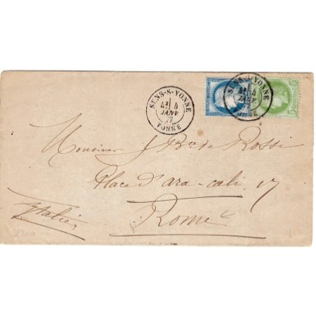 N°53+60 LETTRE TYPE 18 SENS S YONNE 4 JANV 1877 POUR ROME ITALIE