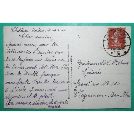N°138 SEMEUSE CAD CHATEAU SALINS ALSACE LORRAINE CARTE POSTALE POUR HAGUENAU BAS RHIN 1910 LETTRE COVER FRANCE
