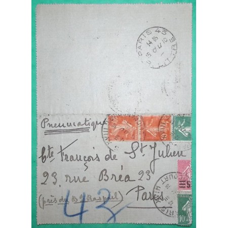 N°159 x2 + 194 x2 + 224 SEMEUSE CARTE PNEUMATIQUE PUB APERATIF CAMPARI PARIS 1910 LETTRE COVER FRANCE