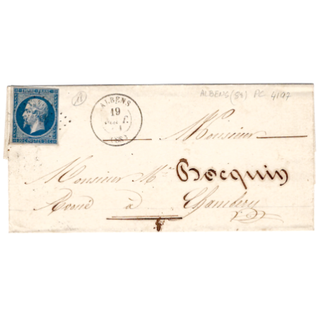 FRANCE N° 14 PC TYPE 15 ALBENS 19 AOUT 1862 LETTRE POUR CHAMBERY SAVOIE INDICE 18