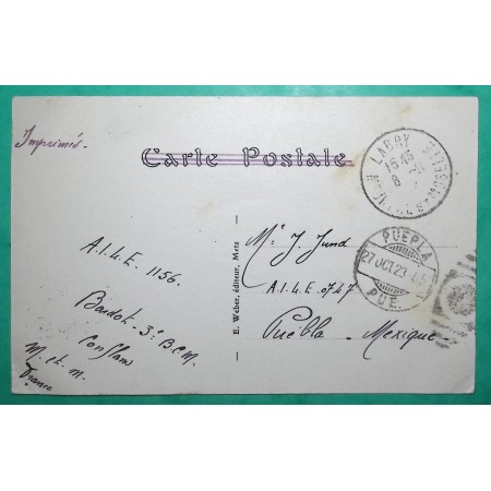 N°170 PASTEUR CARTE POSTALE LABRY MEURTHE ET MOSELLE POUR PUEBLA MEXIQUE MEXICO 1923 LETTRE COVER FRANCE
