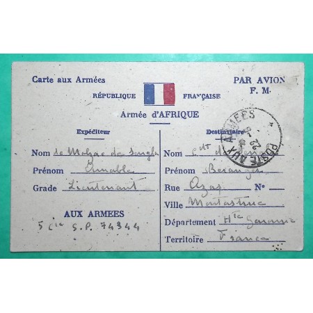 FRANCHISE MILITAIRE FM CARTE POSTALE ARMEE D'AFRIQUE PAR AVION POUR MONTASTRUC HAUTE GARONNE 1944 WW2 COVER FRANCE