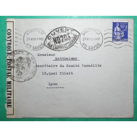 N°368 PAIX LETTRE ANNEMASSE HAUTE SAVOIE POUR LYON RHONE CENSURE ND203 1939 WW2 LETTRE COVER FRANCE