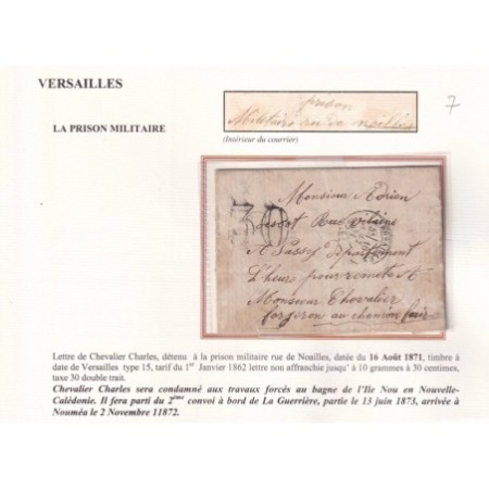 LETTRE DE VERSAILLES 16 AOUT 1871 D'UN DETENU A LA PRISON MILITAIRE RUE DE NOAILLES POUR PASSY EURE  DETENU CH...