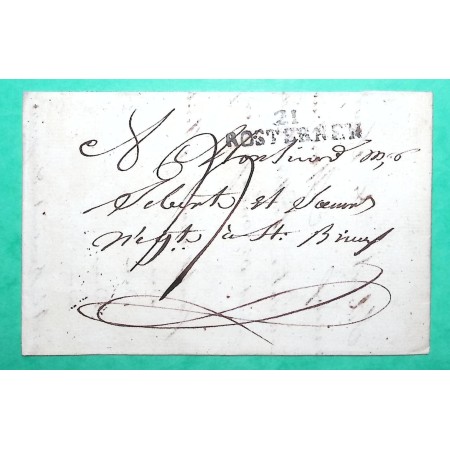 MARQUE 21 ROSTERNEN ROSTRENEN COTES DU NORD POUR ST BRIEUC 36x9 1823 LETTRE COVER FRANCE