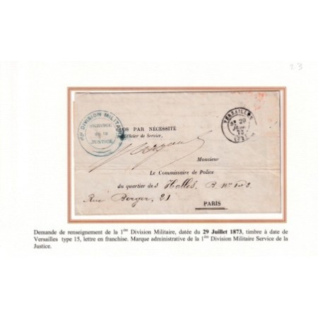 COMMUNE DE PARIS VERSAILLE 29 JUILLET 1873 1ERE DIVISION MILITAIRE POUR PARIS