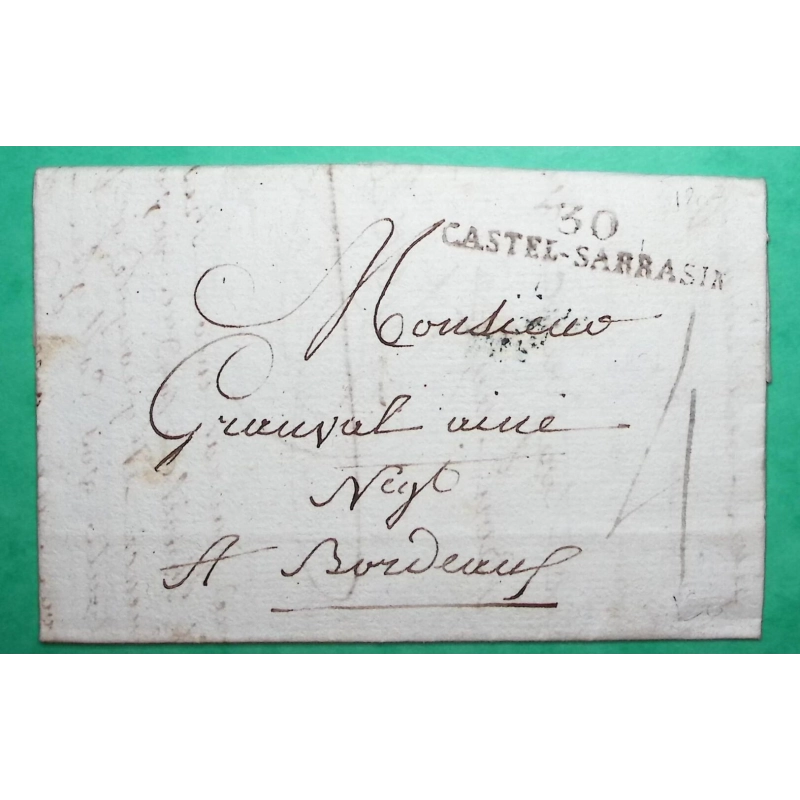 MARQUE 30 CASTEL SARRASIN HAUTE GARONNE TARN ET GARONNE POUR BORDEAUX GIRONDE 47x10 1807 LETTRE COVER FRANCE