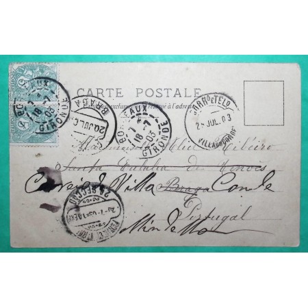 N°111 PAIRE BLANC CARTE POSTALE BORDEAUX GIRONDE POUR BRAGA PORTUGAL REEXP VILA DO CONDE 1903 LETTRE COVER FRANCE