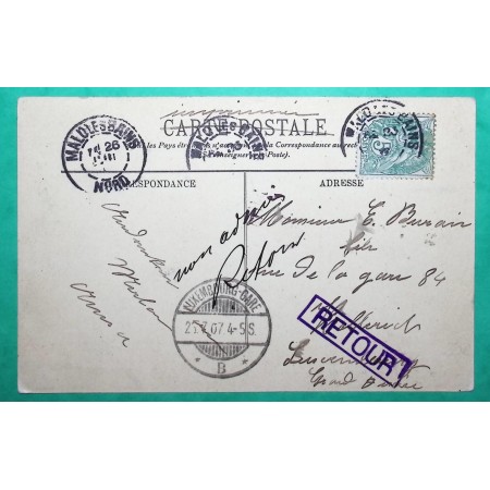 N°111 BLANC CARTE POSTALE MALO LES BAINS NORD CARTE POSTALE POUR GRAND DUCHE DU LUXEMBOURG GRIFFE RETOUR 1907 FRANCE