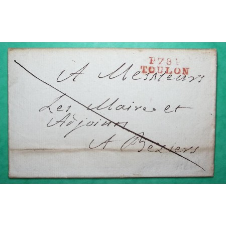 MARQUE P78P TOULON VAR ROUGE PORT PAYE POUR BEZIERS HERAULT 29x9 1806 LETTRE COVER FRANCE