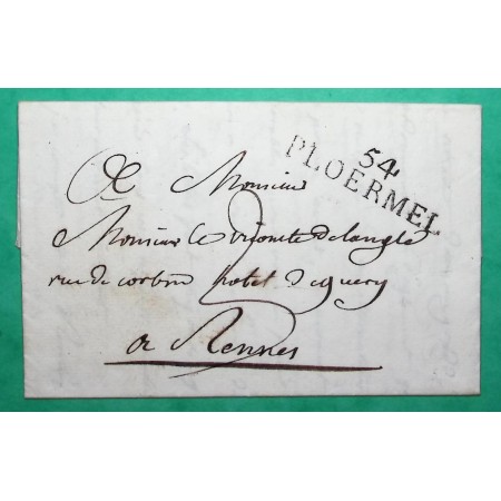 MARQUE 54 PLOERMEL MORBIHAN DEPART MALVILLE POUR RENNES ILLE ET VILAINE 42x11 1818 LETTRE COVER FRANCE
