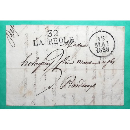 MARQUE 32 LA REOLE GIRONDE DEPART CAUDROT POUR BORDEAUX 37x12 1828 LETTRE COVER FRANCE