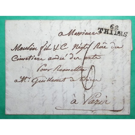 MARQUE 62 THIERS PUY DE DOME POUR PARIS PERIODE REVOLUTIONNAIRE 25x8 1805 LETTRE COVER FRANCE
