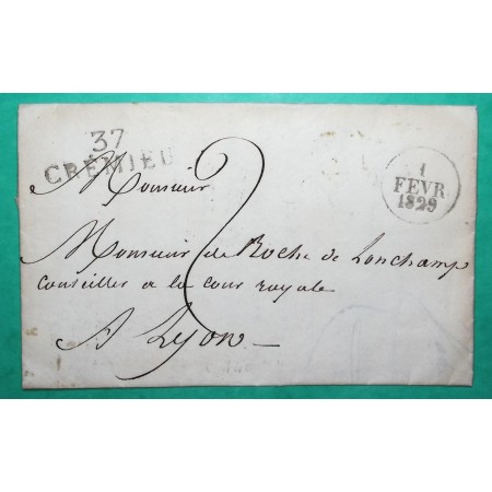 MARQUE 37 CREMIEU ISERE DEPART LE VERNAY POUR LYON RHONE 39x13 1829 LETTRE COVER FRANCE