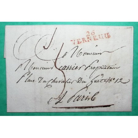 MARQUE 26 VERNEUIL EURE ROUGE DEPART BOURTH POUR PARIS 39x9.5 1813 LETTRE COVER FRANCE
