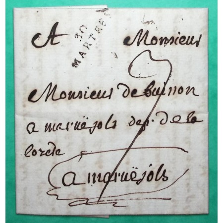 MARQUE 30 MARTRES HAUTE GARONNE POUR MARVEJOLS LOZERE 27x9 1808 LETTRE COVER FRANCE