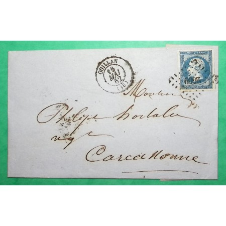 N°14 TTB BELLES MARGES PC 2609 QUILLAN AUDE POUR CARCASSONNE 1862 LETTRE COVER RANCE