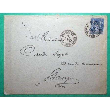N°90 SAGE CAD TYPE 18 GARE DE CHARTRES EURE ET LOIR POUR BOURGES CHER 1887 LETTRE COVER FRANCE
