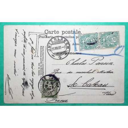 N°111 PAIRE BLANC NON RECONNU DEPART INTERLAKEN SUISSE TAXE DUVAL 20C POUR LE CATEAU NORD 1907 CARTE POSTALE FRANCE