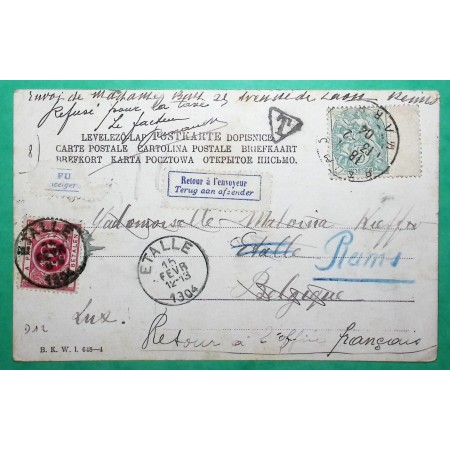 N°111 BLANC BDF + TAXE BALGE 10C ETIQUETTE RETOUR ENVOYEUR DEPART REIMS MARNE POUR ETALLE BELGIQUE GRIFFE FACTEUR 1904