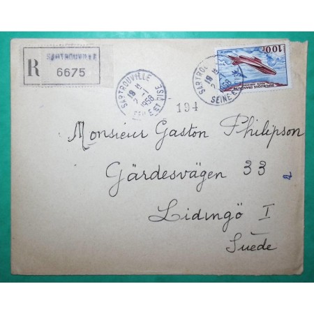 YT N°30 POSTE AERIENNE 100F DASSAULT RECOMMANDE SARTROUVILLE POUR LIDINGÖ SUEDE SWEDEN 1958 LETTRE COVER FRANCE