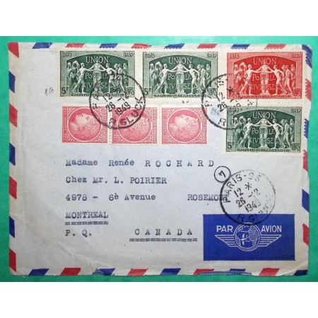 N°676 x3 + 850 x3 + 851 MIXTE CERES MAZELIN UPU LETTRE PAR AVION PARIS TARIF SPECIAL MONTREAL CANADA 1949 COVER FRANCE
