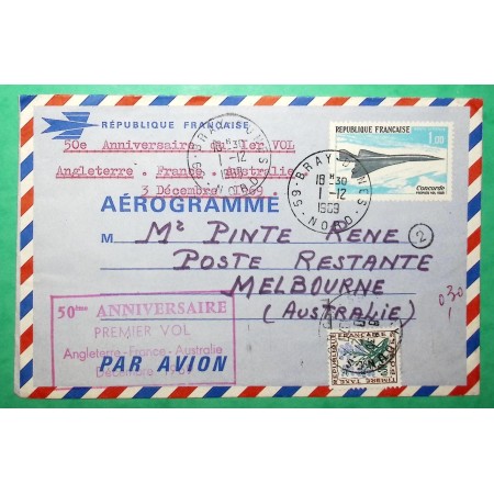YT N°43 CONCORDE AEROGRAMME 50ème ANNIVERSAIRE 1er VOL ANGLETERRE FRANCE AUSTRALIE TAXE POSTE RESTANTE MELBOURNE 1969
