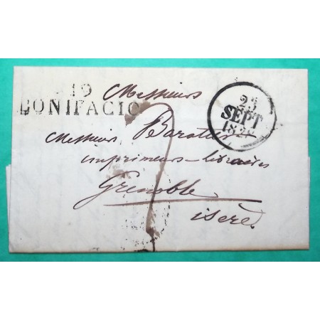 MARQUE 19 BONIFACIO CORSE POUR GRENOBLE ISERE 42x11 1828 LETTRE COVER FRANCE