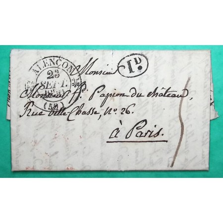 CAD TYPE 12 ALENCON ORNE DECIME RURAL ST DENIS SUR SARTHON POUR PARIS 1830 LETTRE COVER FRANCE
