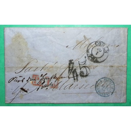 LETTRE COLOGNE KÖLN ALLEMAGNE DEUTSCHLAND TAXE TAMPON 45 CACHET ENTREE PRUSSE VALENCIENNES BLEU POUR MARSEILLE 1858