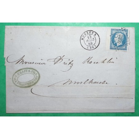 N°14A BDF PC 2200 MUNSTER HAUT RHIN POUR MULHOUSE 1859 LETTRE COVER FRANCE