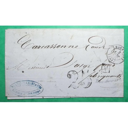 CAD TYPE 15 BOURMONT HAUTE MARNE BOITE URBAINE A DRAPERIE FRANCOIS TAXE 25 POUR CARCASONNE AUDE 1857 LETTRE COVER FRANCE