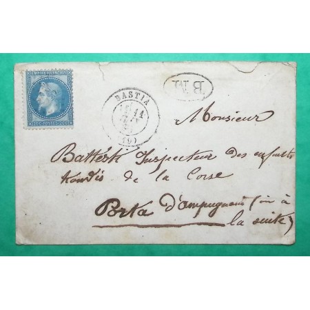 N°29 GC 338 BASTIA CORSE BM BOITE MOBILE NON IDENTIFIEE POUR INSPECTEUR DES ENFANTS TROUVES DE CORSE 1869 COVER FRANCE