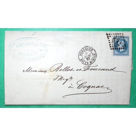 N°29 GC 532 CAD TYPE 15 BORDEAUX BOITE MOBILE AGENCE DE REEXPEDITION NAVIRES A VOILES ETIQUETTE VERSO 1867 COVER FRANCE