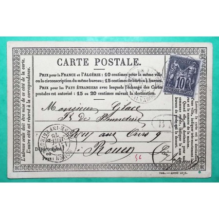 N°89 SAGE CARTE PRECURSEUR BM BOITE MOBILE GARE DE LISIEUX DEPART LIVAROT CALVADOS POUR ROUEN SEINE INFERIEURE 1878
