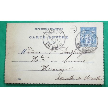 ENTIER SAGE 15C CARTE LETTRE CAD CLEFMONT HAUTE MARNE BOITE RURALE A PERRUSSE POUR NANCY MEURTHE ET MOSELLE 1901