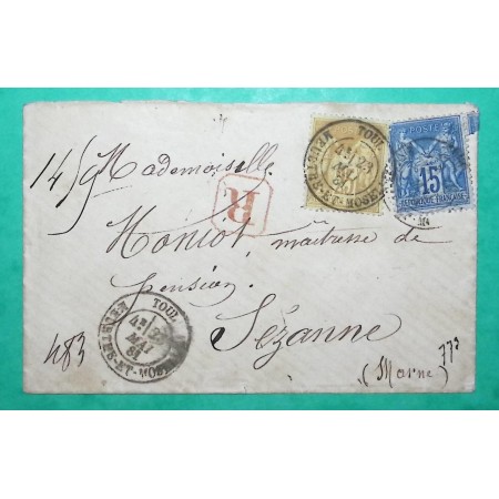 N°90 + 92 SAGE RECOMMANDE TOUL MEURTHE ET MOSELLE POUR SEZANNE MARNE 1881 LETTRE COVER FRANCE