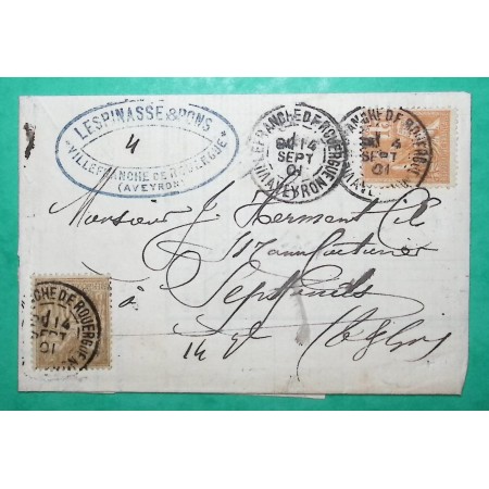 N°80 + 117 MIXTE SAGE MOUCHON LETTRE VILLEFRANCHE DE ROUERGUE AVEYRON POUR SEPTFONDS TARN ET GARONNE 1901 COVER FRANCE