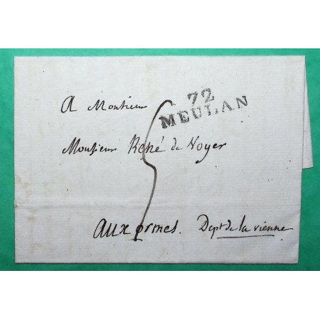 MARQUE 72 MEULAN SEINE ET OISE POUR LES ORMES VIENNE 32x9 LETTRE COVER FRANCE