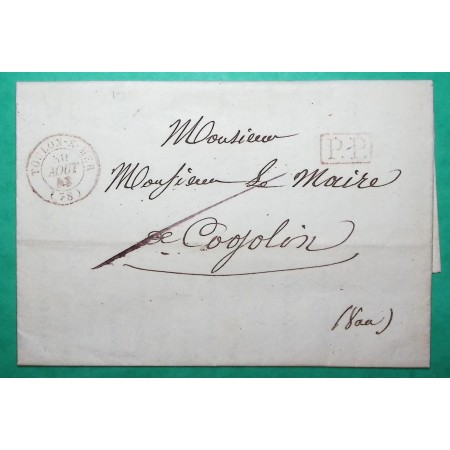 CAD TYPE 15 TOULON VAR ROUGE PP PORT PAYE POUR COGOLIN 1843 LETTRE COVER FRANCE