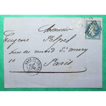 N°29 CAD TYPE 15 GARE DE COLMAR HAUT RHIN INDICE 13 POUR PARIS 1868 LETTRE COVER FRANCE